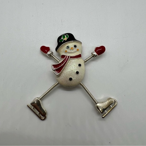 Silver Enamel Snowman Brooch With Spring Legs - Picture 2 of 9